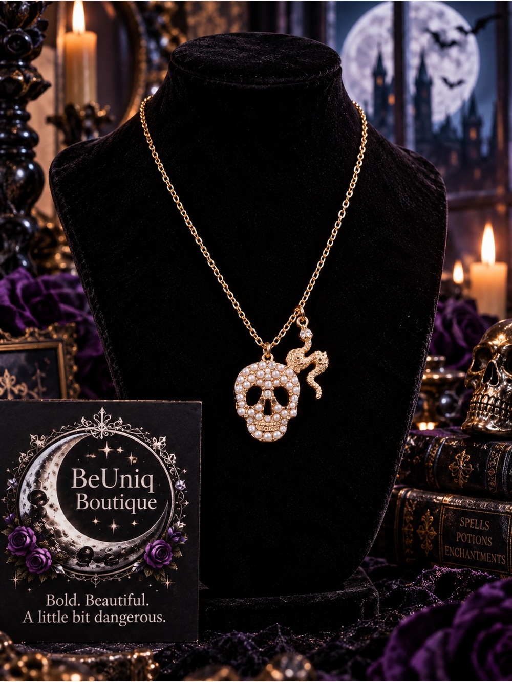 Gold Crystal Skull Pendant Necklace